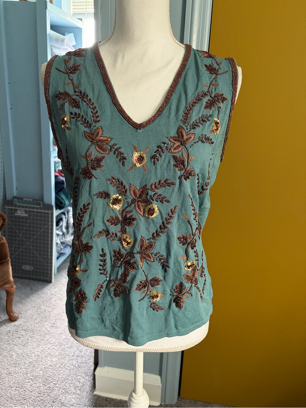 Vintage Teal and Brown Beaded Tank